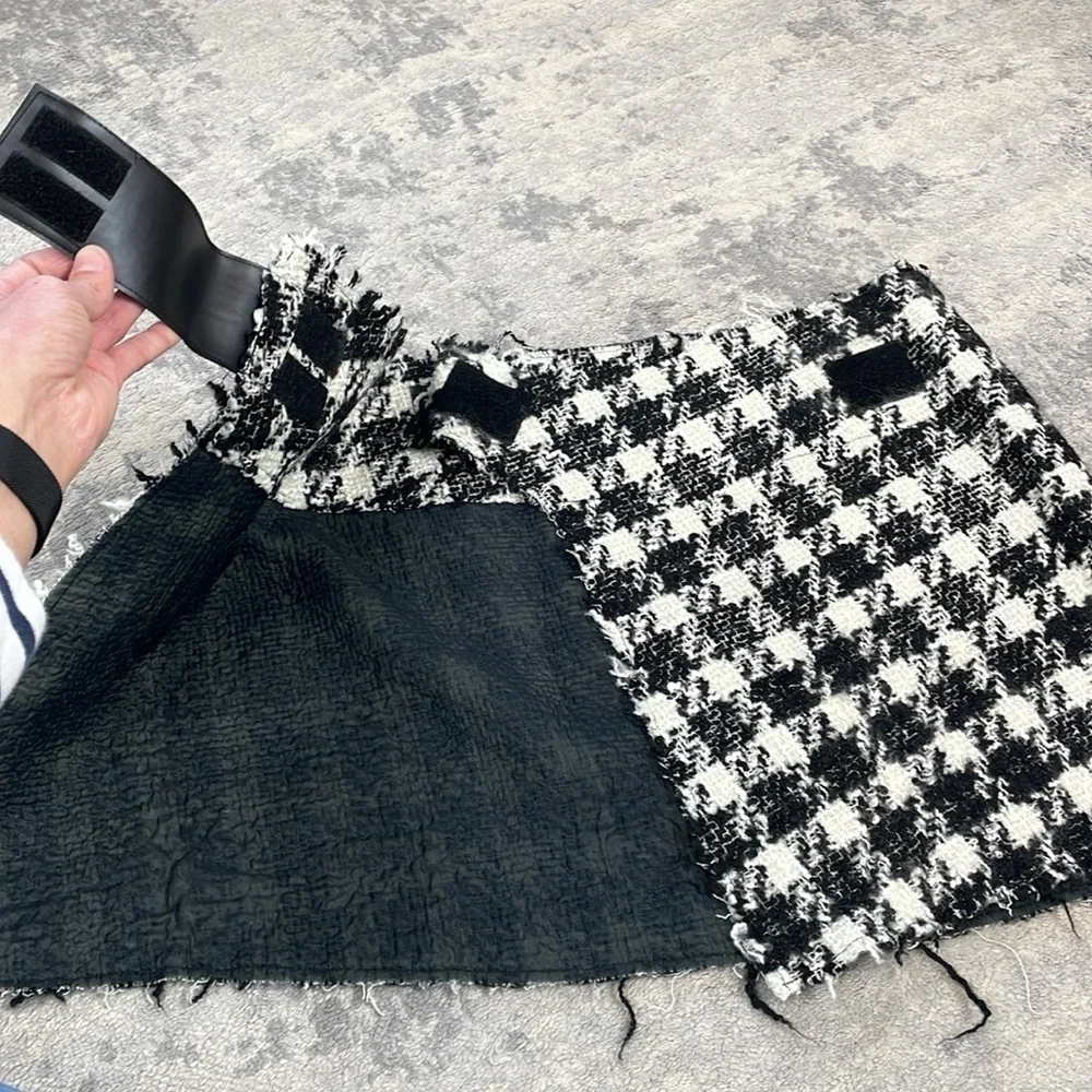 Reese + Riley Black White Check Plaid Tweed Mini Skirt Wrap Style